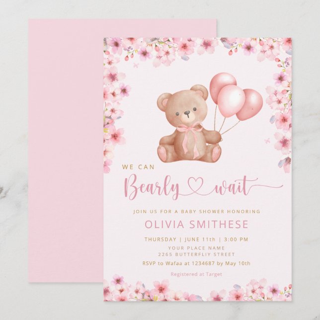 Boho Teddy Bear Girl Pink Bearly Wait Baby Shower Invitation (Front/Back)