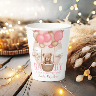 Boho Teddy Bear Girl Pink Bearly Wait Baby Shower  Paper Cups