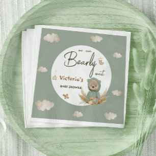 Boho Teddy Bear Green Neutral Baby Shower Napkin