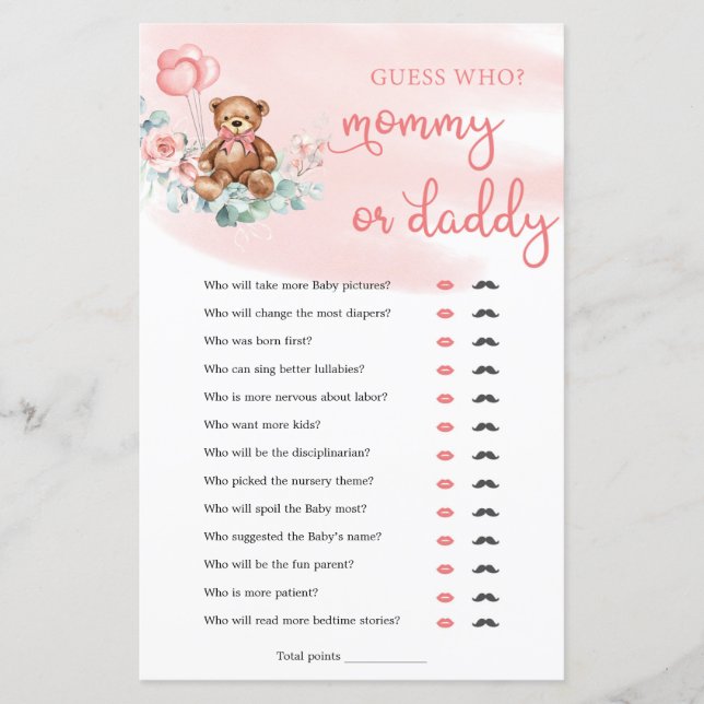 Boho Teddy Bear Mommy or Daddy Baby Game (Front)