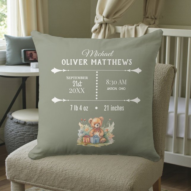 Boho Teddy Bear Newborn Baby Personalized  Throw Pillow (Creator Uploaded)