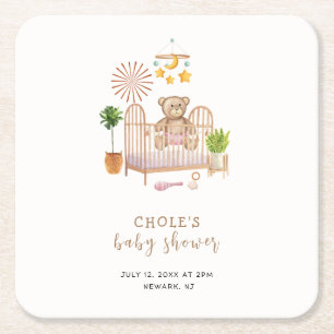 Boho Teddy Bear Nursery Baby Shower Square Paper Coaster