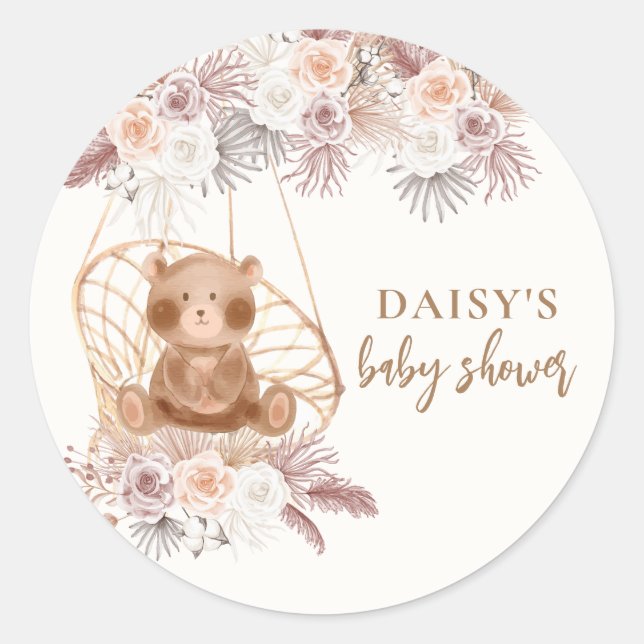 Boho Teddy Bear Pampas Flower Baby Shower  Classic Round Sticker (Front)