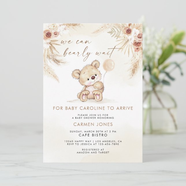 Boho Teddy Bear Pampas Grass Baby Shower Invite (Standing Front)