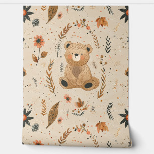 Boho Teddy Bear Pattern Baby Nursery Room Wallpaper