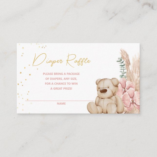 Boho Teddy Bear Pink and Gold Diaper Raffle Enclosure Card (Front)