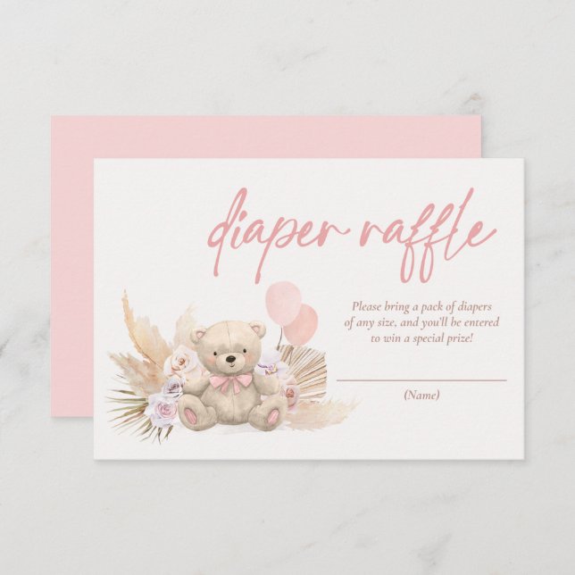 Boho Teddy Bear Pink Baby Shower Diaper Raffle Enclosure Card (Front/Back)