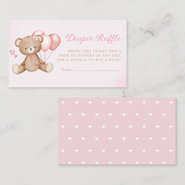 Boho Teddy Bear Pink Baby Shower Diaper Raffle Enclosure Card (Front/Back)