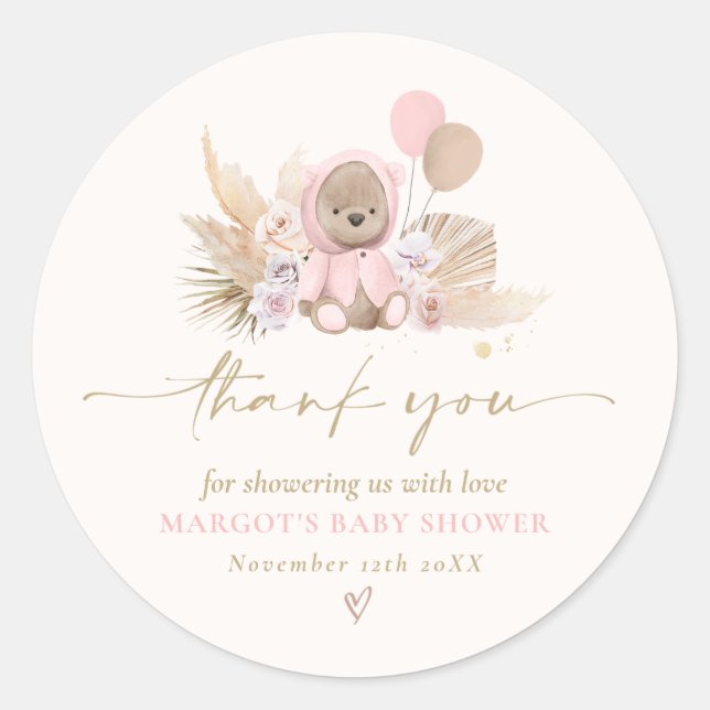 Boho Teddy Bear Pink Bearly Wait Baby Shower Favou Classic Round Sticker (Front)