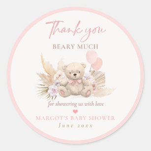 Boho Teddy Bear Pink Bearly Wait Baby Shower Favou Classic Round Sticker