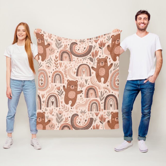 Boho Teddy Bear Rainbow Brown Beige Blush Fleece Blanket (In Situ)