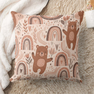 Boho Teddy Bear Rainbow Brown Beige Blush Throw Pillow