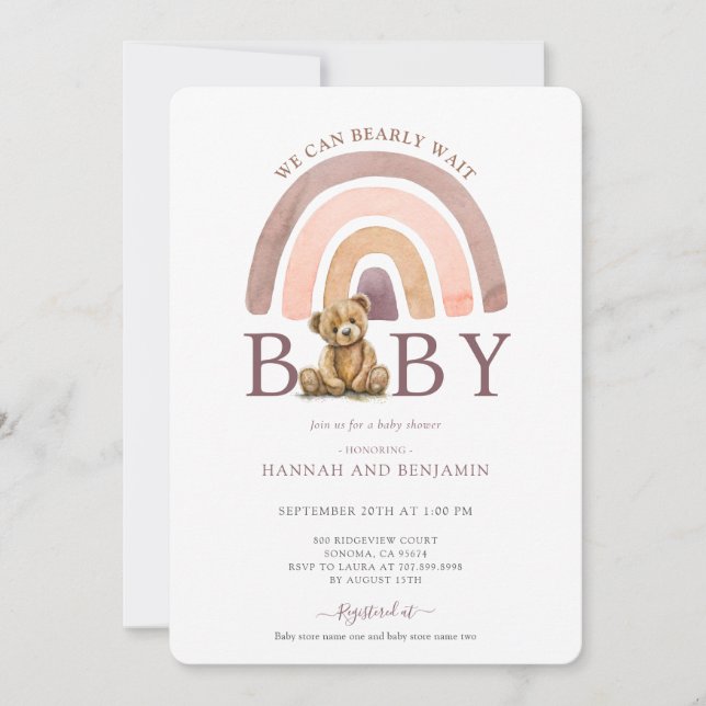Boho Teddy Bear Rainbow Girl Pink Baby Shower  Invitation (Front)