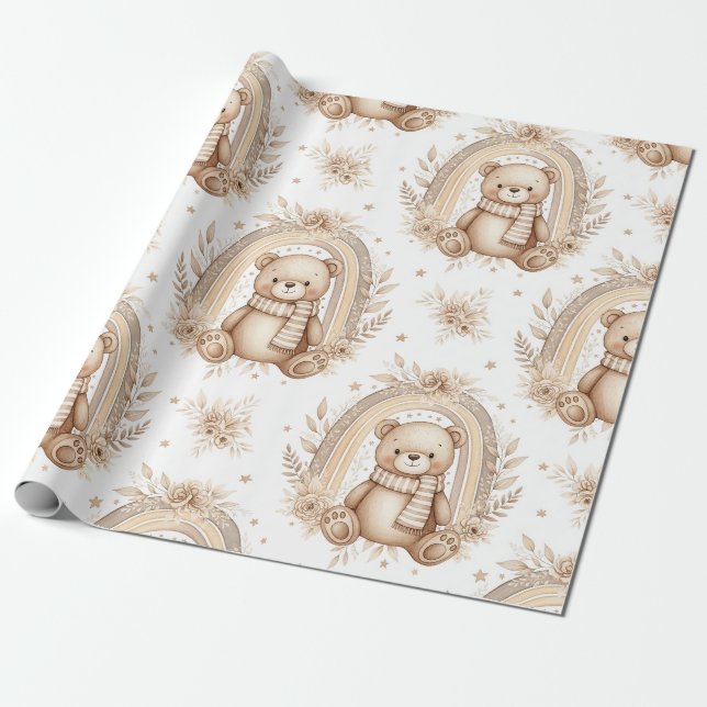Boho Teddy Bear Rainbow Neutral Floral (2) Wrapping Paper (Unrolled)