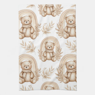 Boho Teddy Bear Rainbow Neutral Floral Kitchen Towel
