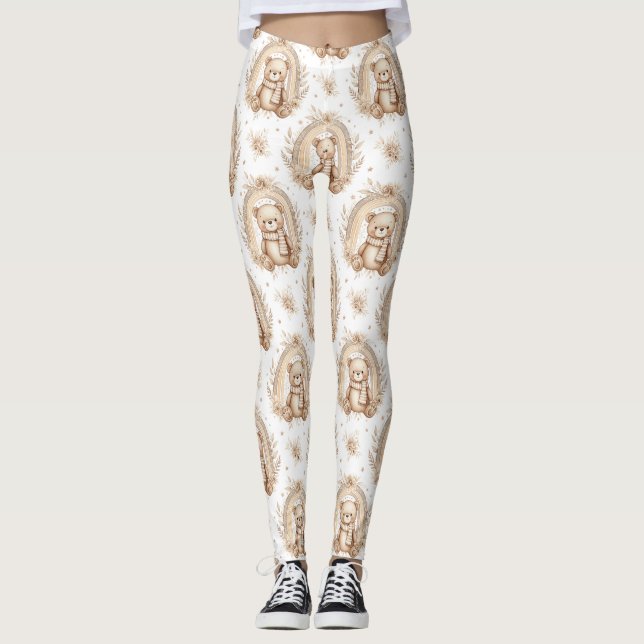 Boho Teddy Bear Rainbow Neutral Floral Leggings (Front)