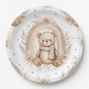 Boho Teddy Bear Rainbow Neutral Floral Paper Plate