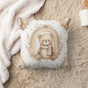Boho Teddy Bear Rainbow Neutral Floral Throw Pillow