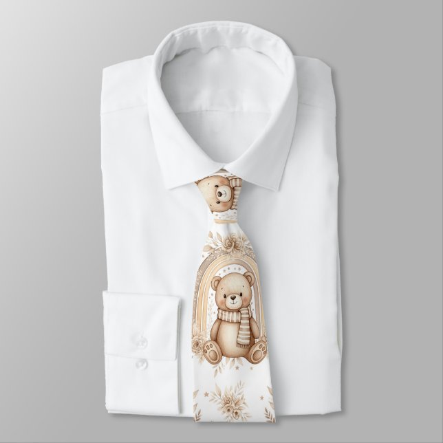 Boho Teddy Bear Rainbow Neutral Floral Tie (Tied)