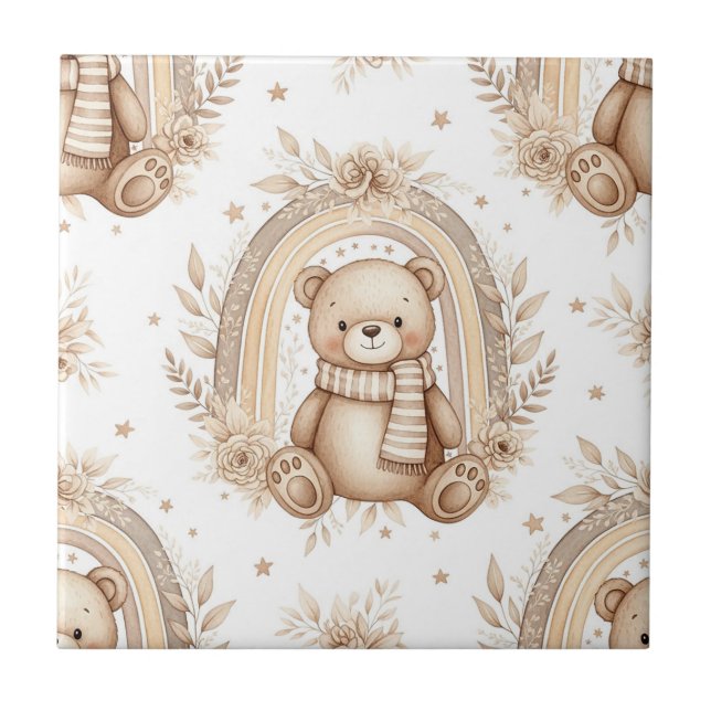 Boho Teddy Bear Rainbow Neutral Floral Tile (Front)
