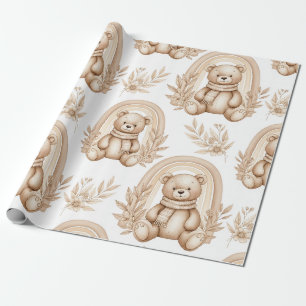 Boho Teddy Bear Rainbow Neutral Floral Wrapping Paper