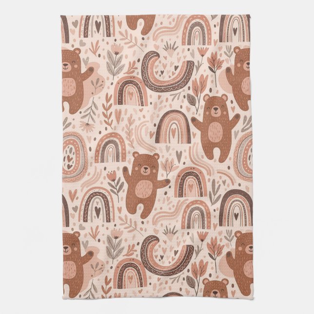 Boho Teddy Bear Rainbow Nursery Pattern Kitchen Towel (Vertical)