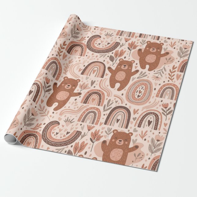 Boho Teddy Bear Rainbow Nursery Pattern Wrapping Paper (Unrolled)