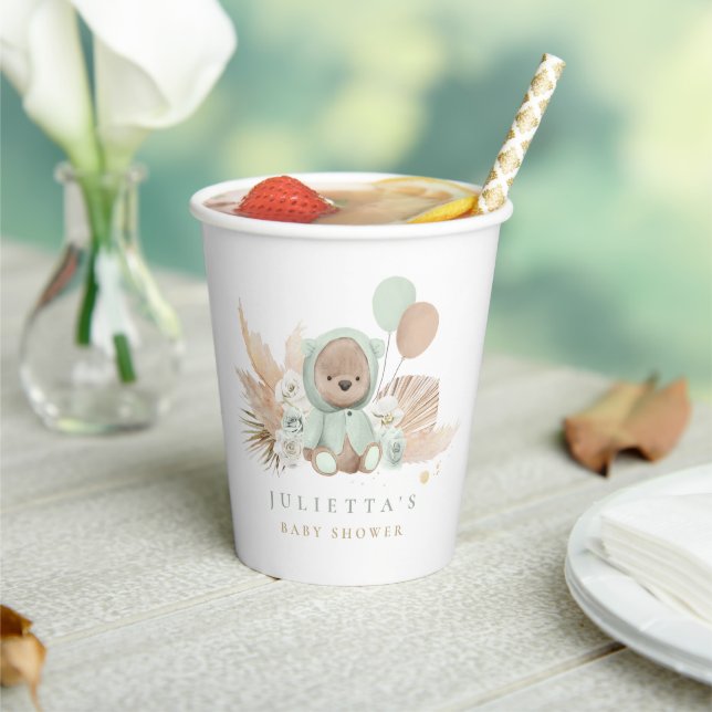 Boho Teddy Bear Sage Green Baby Shower Party  Paper Cups (Insitu)