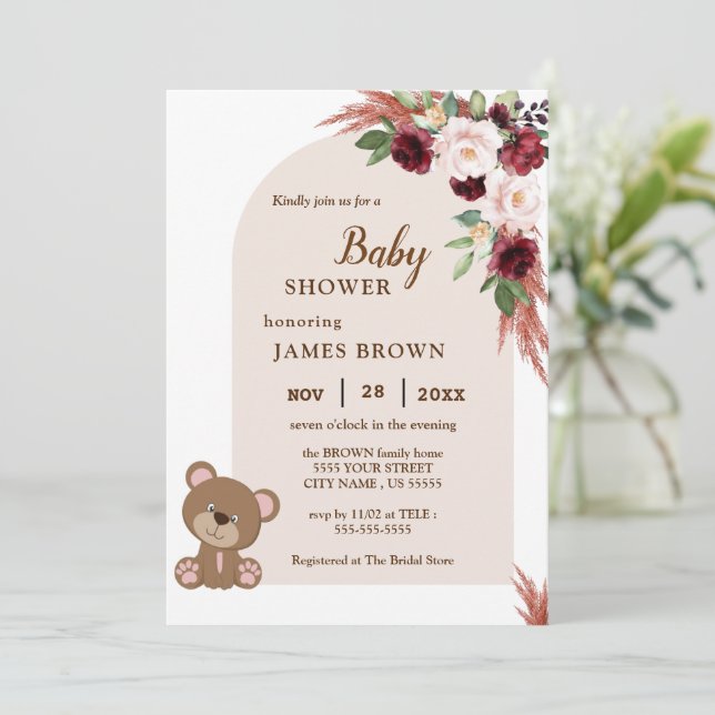 Boho Teddy Bear Stylist Baby shower Invitation (Debout devant)