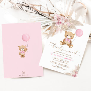 Boho Teddy Bear We Can Bearly Wait Baby Girl Invitation
