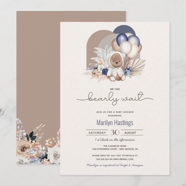 Boho Teddy Bear, We Can Bearly Wait - Baby Shower  Invitation (Front/Back)
