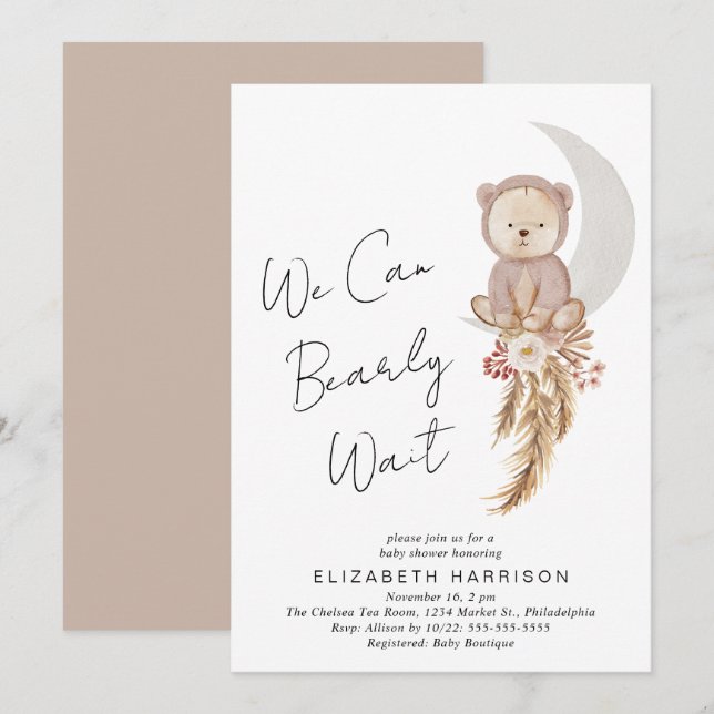 Boho Teddy Bear We Can Bearly Wait Baby Shower Invitation (Front/Back)