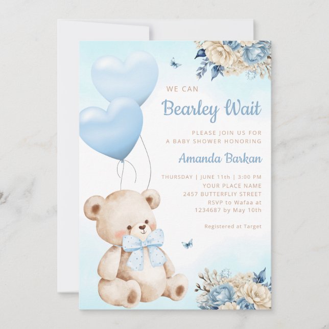 Boho Teddy Bear We Can Bearly Wait Boy Baby Shower Invitation (Front)