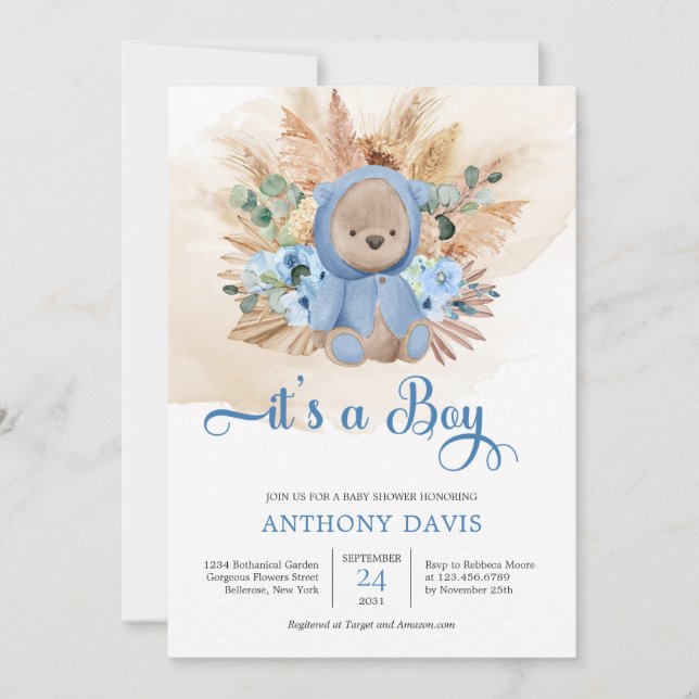 Boho Teddy bear wearing a sweatshirt pampas grass Invitation (Front)