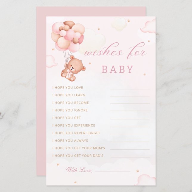 Boho Teddy Bear Wishes for Baby Shower Advice Card (Front/Back)