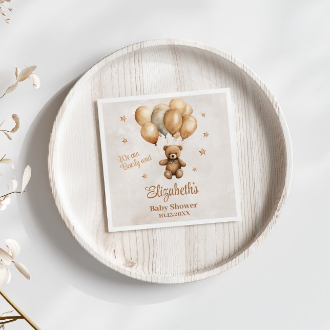 Boho Teddy Bear with Balloons Baby Shower  Napkin (Boho Teddy Bear with Balloons Baby Shower Napkins on white table with dry flowers.)