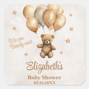 Boho Teddy Bear with Balloons Baby Shower Square Sticker