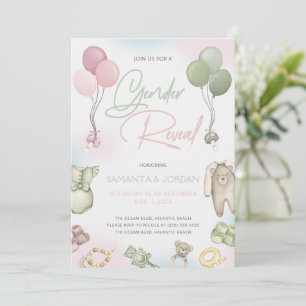 Boho Teddy Gender Reveal Invitation Card