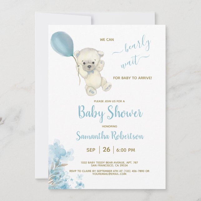 Boho Teddy Polar Bear Blue Balloon Boy Baby Shower Invitation (Front)