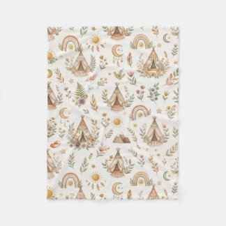 Boho Teepee and Woodland Rainbow Neutral Baby Fleece Blanket