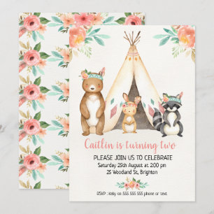 Boho Teepee Bois Animaux Anniversaire Invitation