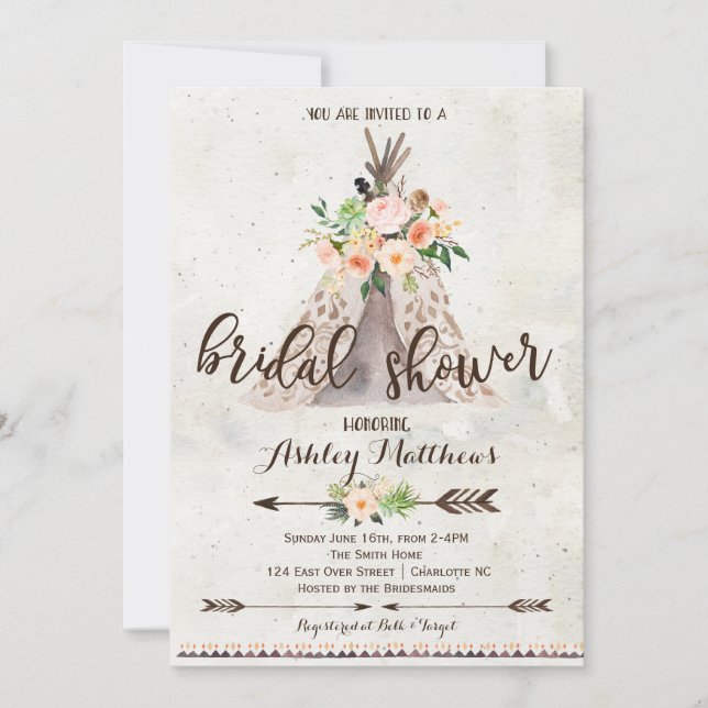 Boho TeePee bridal shower invitation (Front)