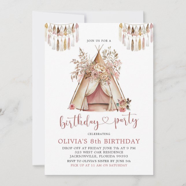 Boho Teepee Girl Floral Birthday Party Invitation (Devant)