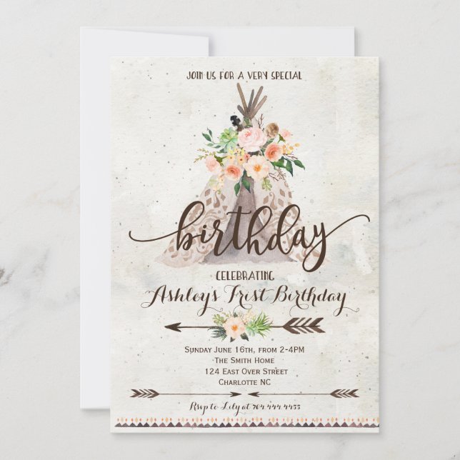 Boho TeePee invitation anniversaire, premier anniv (Devant)