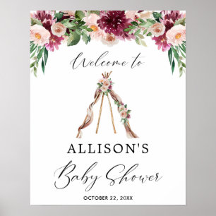 Boho teepee rustic floral baby shower welcome sign