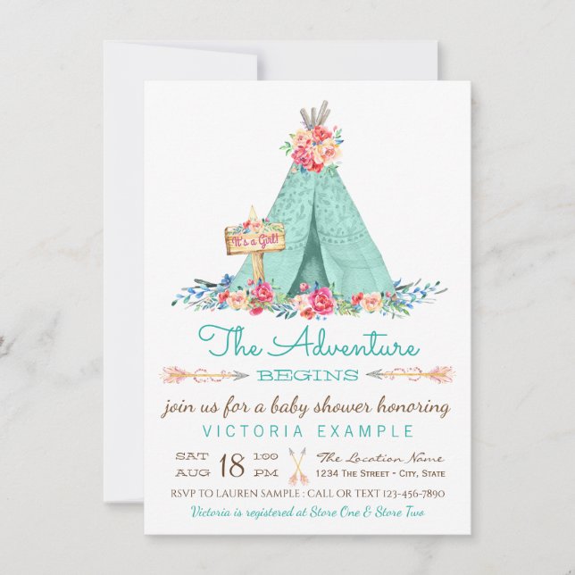 Boho TeePee Rustic Girl Baby Shower Invitations (Devant)