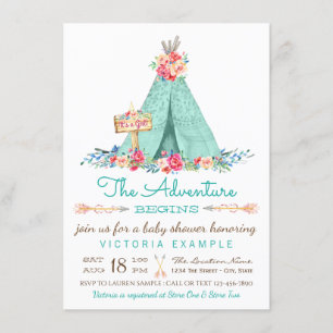 Boho TeePee Rustic Girl Baby Shower Invitations