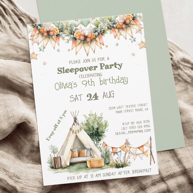 Boho teepee tent sleepover birthday party invitation (Creator Uploaded)