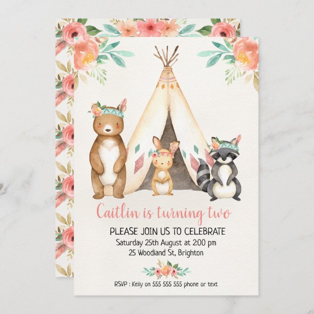 Boho Teepee Woodland Animals Birthday Invitation (Front/Back)