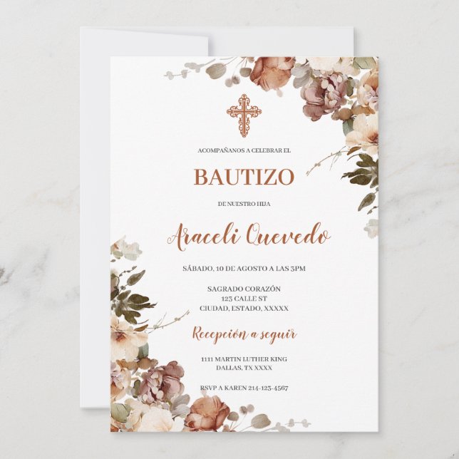 Boho Terracota Baptism Spanish Invitation (Front)